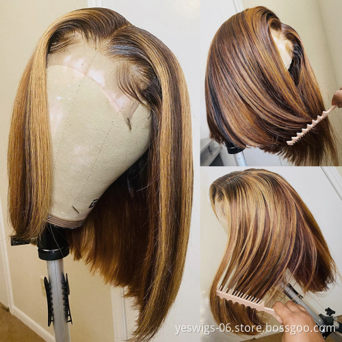 Highlight Short Bob Wigs 4/27 Color Human Hair Lace Front Wigs Brown Ombre Remy Hair Pre Plucked Swiss Lace Wigs For Black Women